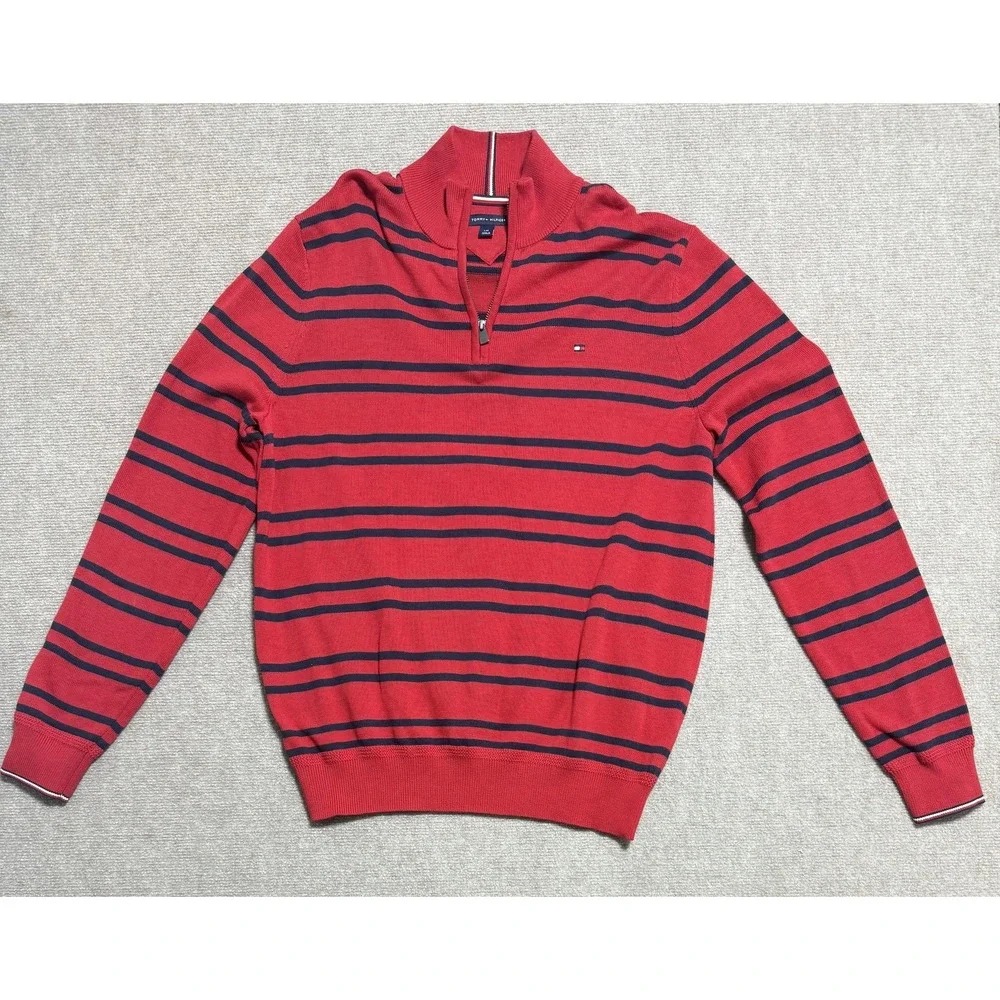 Tommy‎ Hilfiger Sweater Mens Large Red Navy Striped Half Zip Pullover Cotton